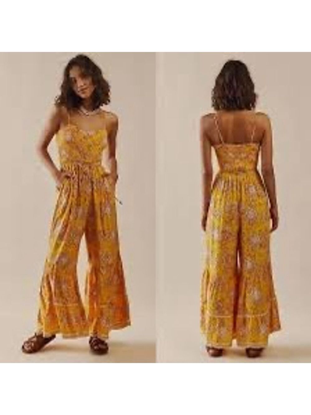 Free People Little of Your Love Floral Smocked Wide Leg Jumpsuit L Mustard